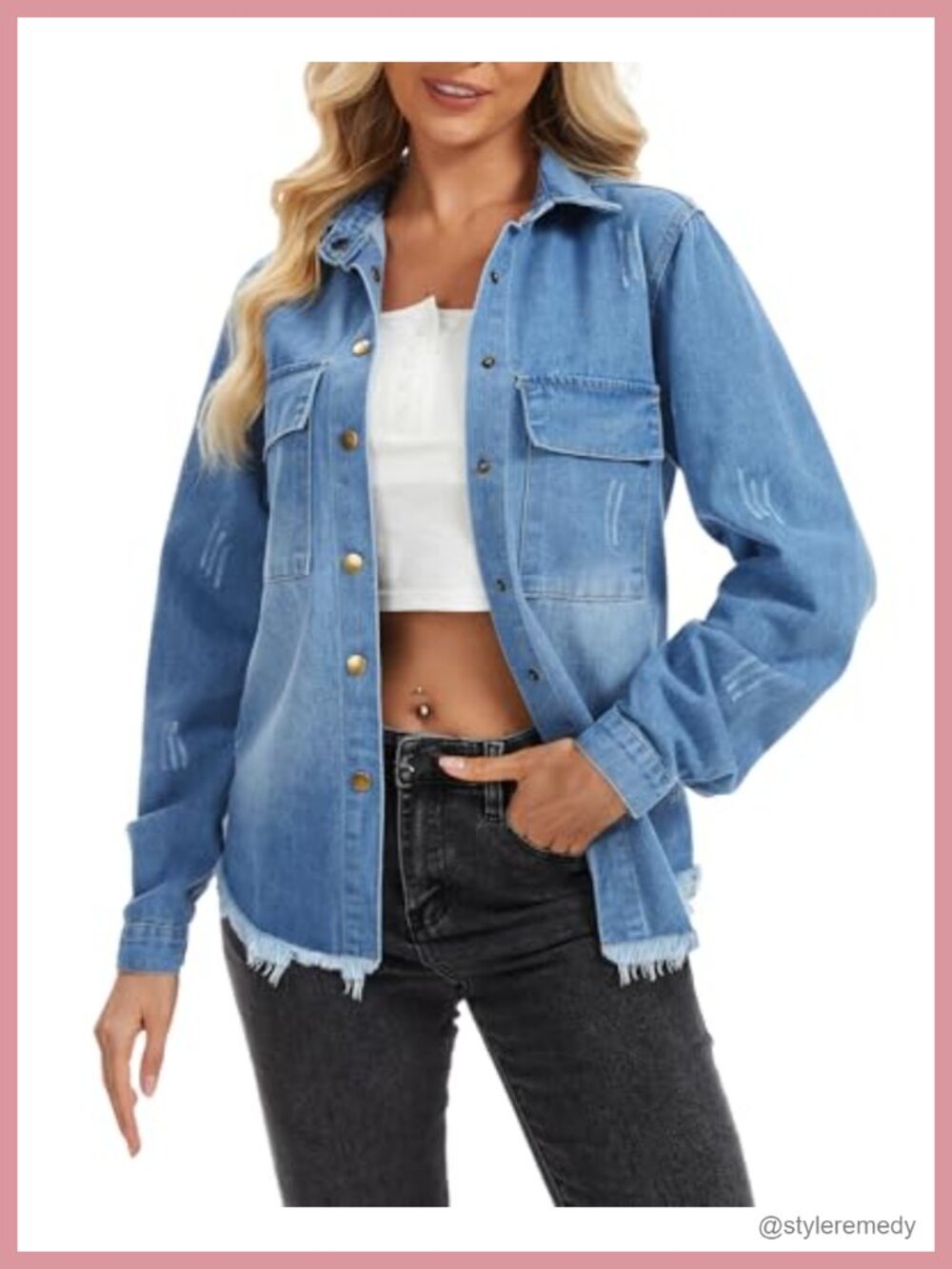 Women's Frayed Hem Denim Jacket Long Sleeve Casual Cotton Blend